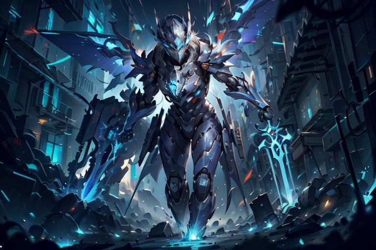 High tech mecha, adorned with blue glowing mechanical shoulder armor on the shoulders (orange and blue mecha sets), wearing a V-shaped mecha helmet to cover the face (blue glowing eyes), blue glowing cross energy symbol on the chest (holding a heavy blue rune glowing sword), (mechanical wings), 8k portrait of beautiful, enriched, elegant, highly detailed, Majestic, digital photography, Art by artist and ruan jia and greg rutkowski, (masterpiece, sidelighting, finely detailed beautiful eyes: 1.2), hdr, detailed background