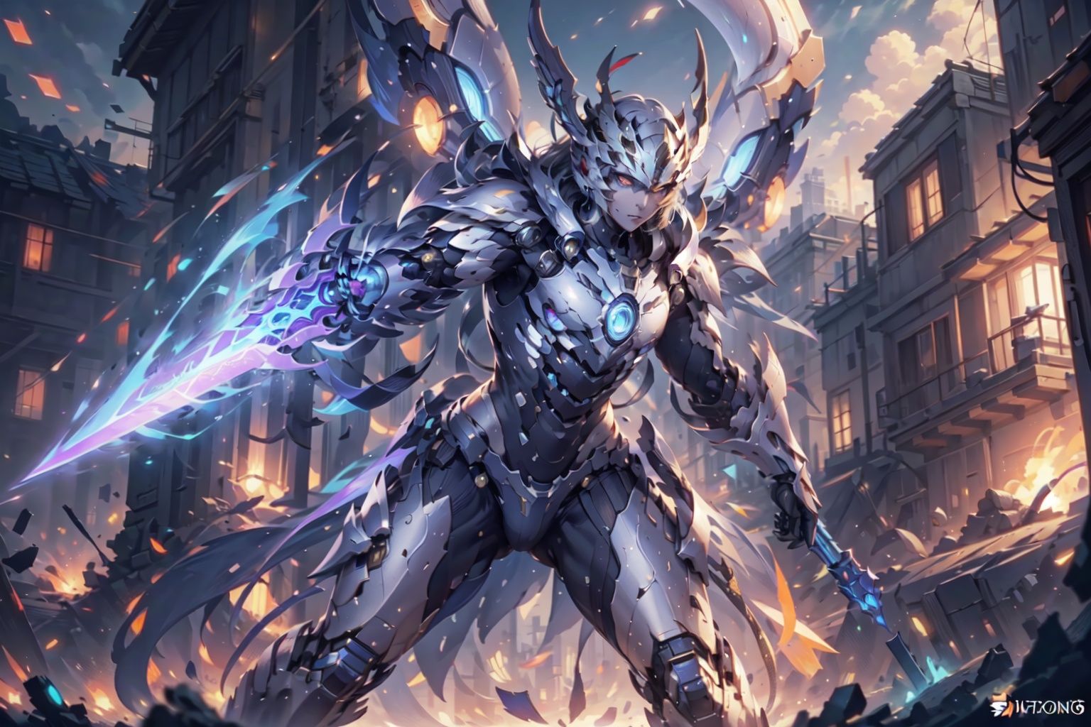 Game,((1boy)), high-tech mech, holding a shining sword in hand, blue eyes, a golden helmet inlaid with sapphires, exquisite facial features, detailed facial features, flames dancing ruins background, shattered buildings, cinematic lighting, cool lighting effects, special effects, hazy and dreamy sky background, masterpiece, best quality, ultimate details, illustrations, ultra high definition, ultra detail, 8k resolution, ultra high resolution, Best picture quality, high detail, master's masterpiece, masterpiece


