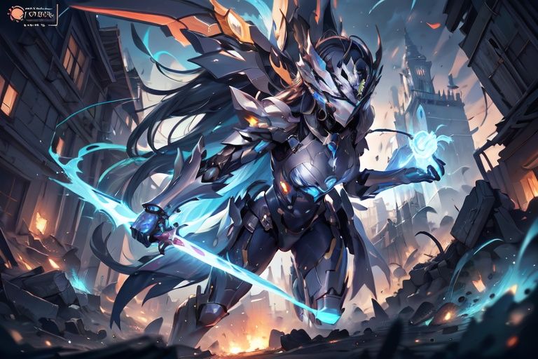 Game, high-tech mech, holding a shining sword in hand, blue long hair, blue eyes, a golden helmet inlaid with sapphires, exquisite facial features, detailed facial features, flames dancing ruins background, shattered buildings, cinematic lighting, cool lighting effects, special effects, hazy and dreamy sky background, masterpiece, best quality, ultimate details, illustrations, ultra high definition, ultra detail, 8k resolution, ultra high resolution, Best picture quality, high detail, master's masterpiece, masterpiece

