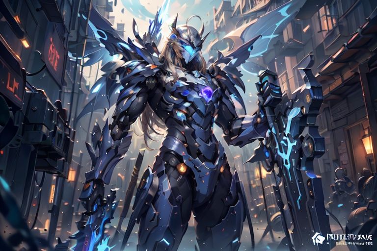 High tech mecha, adorned with blue glowing mechanical shoulder armor on the shoulders (orange and blue mecha sets), wearing a V-shaped mecha helmet to cover the face (blue glowing eyes), blue glowing cross energy symbol on the chest (holding a heavy blue rune glowing sword), (mechanical wings), 8k portrait of beautiful, enriched, elegant, highly detailed, Majestic, digital photography, Art by artist and ruan jia and greg rutkowski, (masterpiece, sidelighting, finely detailed beautiful eyes: 1.2), hdr, detailed background