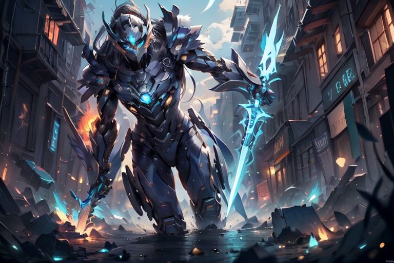 Game, high-tech mech, holding a shining sword in hand, blue long hair, blue eyes, a golden helmet inlaid with sapphires, exquisite facial features, detailed facial features, flames dancing ruins background, shattered buildings, cinematic lighting, cool lighting effects, special effects, hazy and dreamy sky background, masterpiece, best quality, ultimate details, illustrations, ultra high definition, ultra detail, 8k resolution, ultra high resolution, Best picture quality, high detail, master's masterpiece, masterpiece

