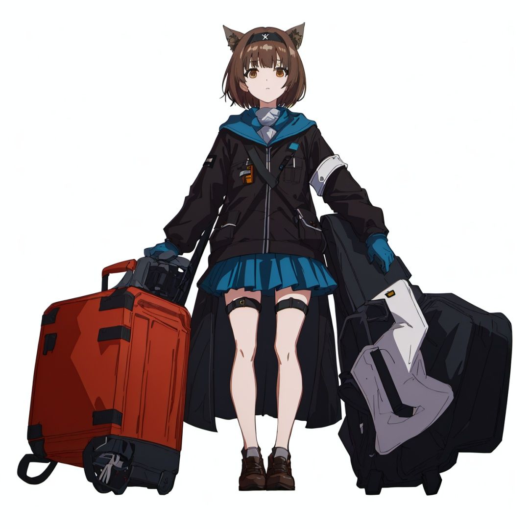 (masterpiece:1.3), (the best quality:1.2), (super fine illustrations:1.2), (Masterpiece), high quality, high detail, ((white background:1.2)), looking at viewer, (SOLO:1.4), outline, , simple background,uniform, gloves, bare leg, logo, thigh, thighhighs, black headwear, tail, cellphone, miniskirt, neckerchief, black headband, clothes writing, armband, cat ears, thigh strap, thigh holster, shoes, short hair, pleated skirt, jacket, hairband, full body, brown hair, brown eyes, blue skirt, black footwear, bangs, animal ears