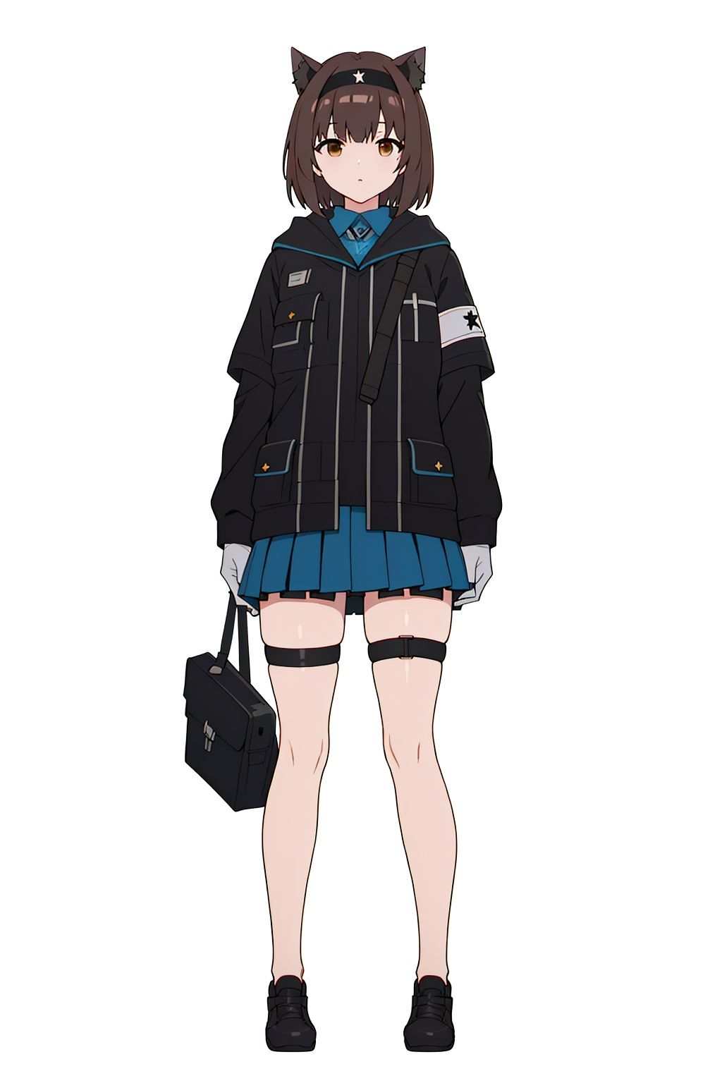  (masterpiece:1.3), (the best quality:1.2), (super fine illustrations:1.2), (Masterpiece), high quality, high detail, ((white background:1.2)), looking at viewer, (SOLO:1.4), outline, , simple background,uniform, gloves, bare leg, logo, thigh, thighhighs, black headwear, tail, cellphone, miniskirt, neckerchief, black headband, clothes writing, armband, cat ears, thigh strap, thigh holster, shoes, short hair, pleated skirt, jacket, hairband, full body, brown hair, brown eyes, blue skirt, black footwear, bangs, animal ears