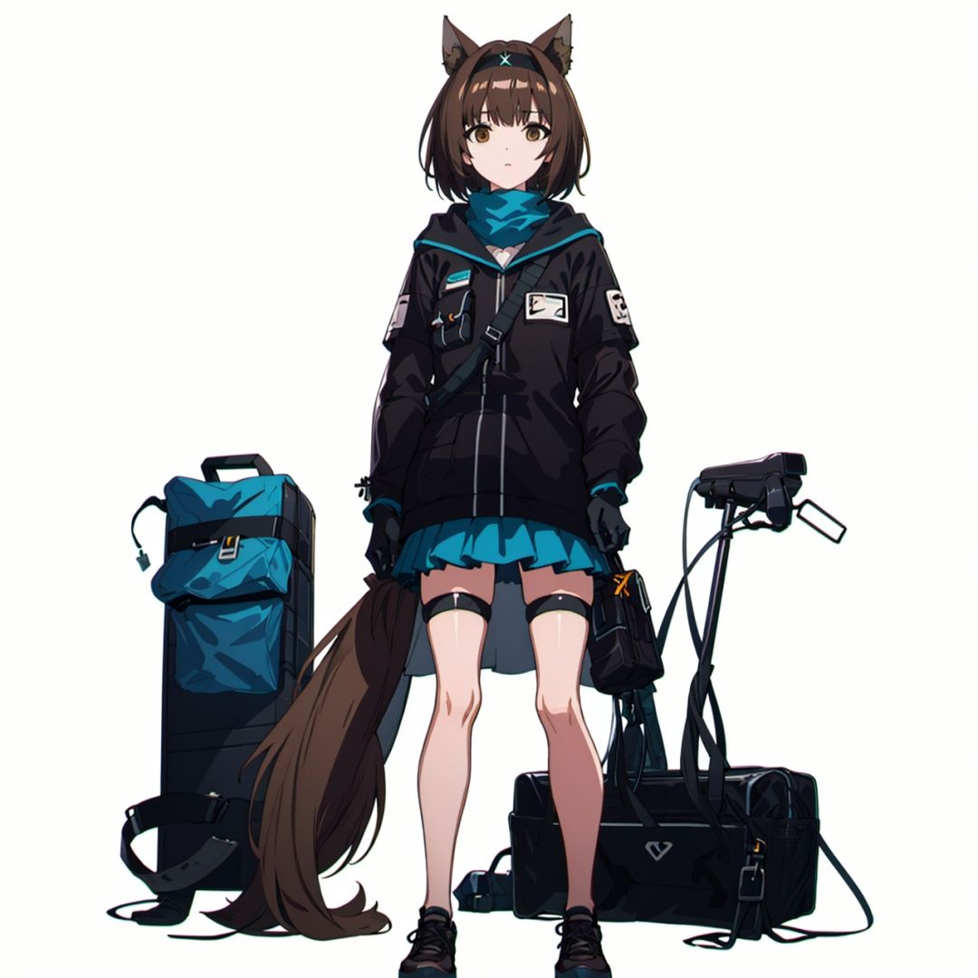 (masterpiece:1.3), (the best quality:1.2), (super fine illustrations:1.2), (Masterpiece), high quality, high detail, ((white background:1.2)), looking at viewer, (SOLO:1.4), outline, , simple background,uniform, gloves, bare leg, logo, thigh, thighhighs, black headwear, tail, cellphone, miniskirt, neckerchief, black headband, clothes writing, armband, cat ears, thigh strap, thigh holster, shoes, short hair, pleated skirt, jacket, hairband, full body, brown hair, brown eyes, blue skirt, black footwear, bangs, animal ears
