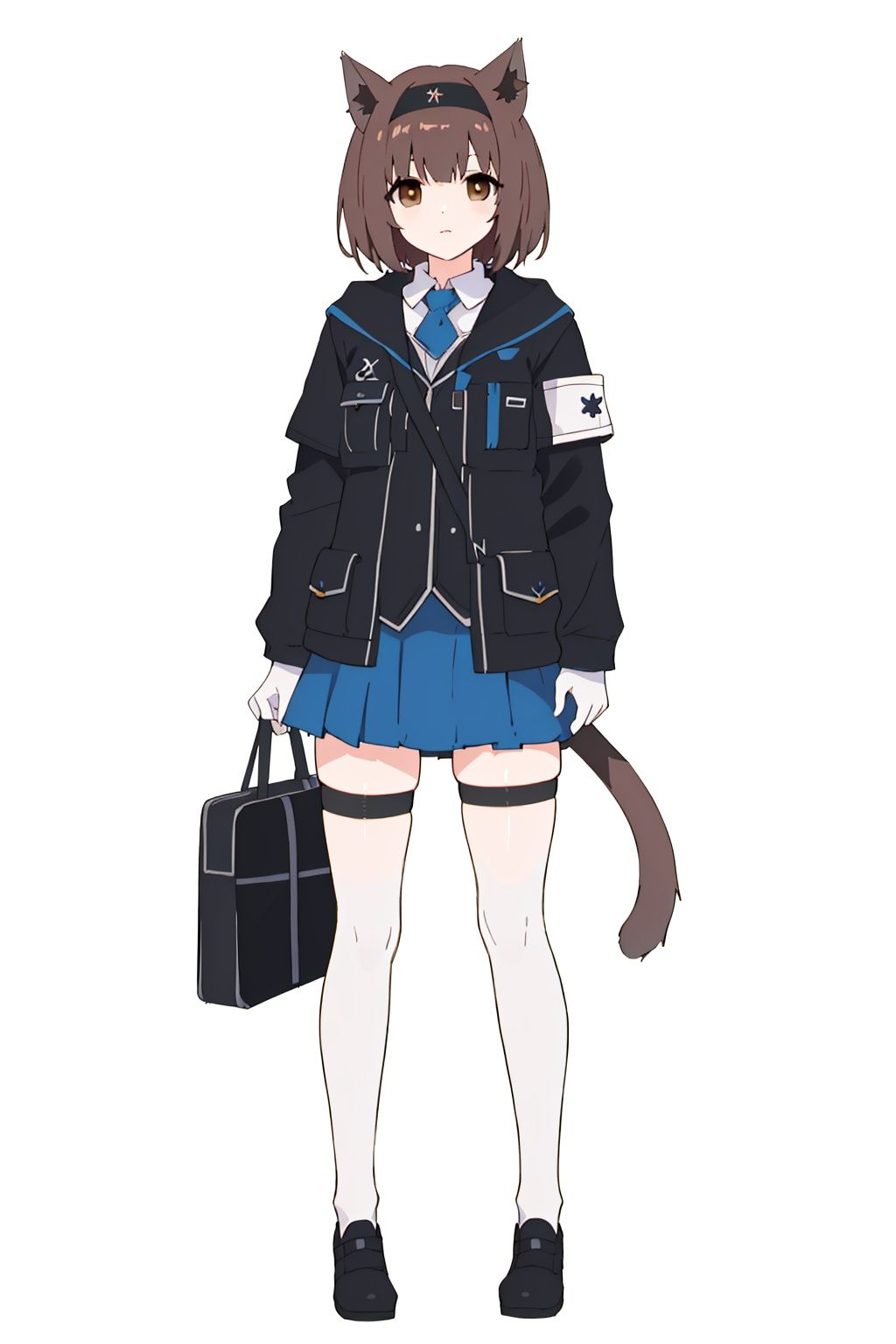  (masterpiece:1.3), (the best quality:1.2), (super fine illustrations:1.2), (Masterpiece), high quality, high detail, ((white background:1.2)), looking at viewer, (SOLO:1.4), outline, , simple background,uniform, gloves, bare leg, logo, thigh, thighhighs, black headwear, tail, cellphone, miniskirt, neckerchief, black headband, clothes writing, armband, cat ears, thigh strap, thigh holster, shoes, short hair, pleated skirt, jacket, hairband, full body, brown hair, brown eyes, blue skirt, black footwear, bangs, animal ears