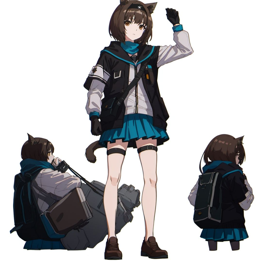 (masterpiece:1.3), (the best quality:1.2), (super fine illustrations:1.2), (Masterpiece), high quality, high detail, ((white background:1.2)), looking at viewer, (SOLO:1.4), outline, , simple background,uniform, gloves, bare leg, logo, thigh, thighhighs, black headwear, tail, cellphone, miniskirt, neckerchief, black headband, clothes writing, armband, cat ears, thigh strap, thigh holster, shoes, short hair, pleated skirt, jacket, hairband, full body, brown hair, brown eyes, blue skirt, black footwear, bangs, animal ears