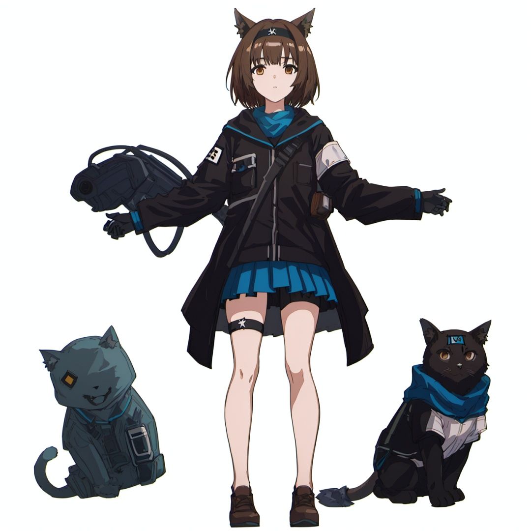  (masterpiece:1.3), (the best quality:1.2), (super fine illustrations:1.2), (Masterpiece), high quality, high detail, ((white background:1.2)), looking at viewer, (SOLO:1.4), outline, , simple background,uniform, gloves, bare leg, logo, thigh, thighhighs, black headwear, tail, cellphone, miniskirt, neckerchief, black headband, clothes writing, armband, cat ears, thigh strap, thigh holster, shoes, short hair, pleated skirt, jacket, hairband, full body, brown hair, brown eyes, blue skirt, black footwear, bangs, animal ears
