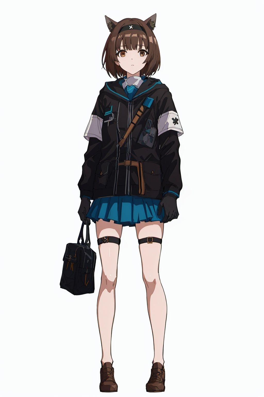  (masterpiece:1.3), (the best quality:1.2), (super fine illustrations:1.2), (Masterpiece), high quality, high detail, ((white background:1.2)), looking at viewer, (SOLO:1.4), outline, , simple background,uniform, gloves, bare leg, logo, thigh, thighhighs, black headwear, tail, cellphone, miniskirt, neckerchief, black headband, clothes writing, armband, cat ears, thigh strap, thigh holster, shoes, short hair, pleated skirt, jacket, hairband, full body, brown hair, brown eyes, blue skirt, black footwear, bangs, animal ears