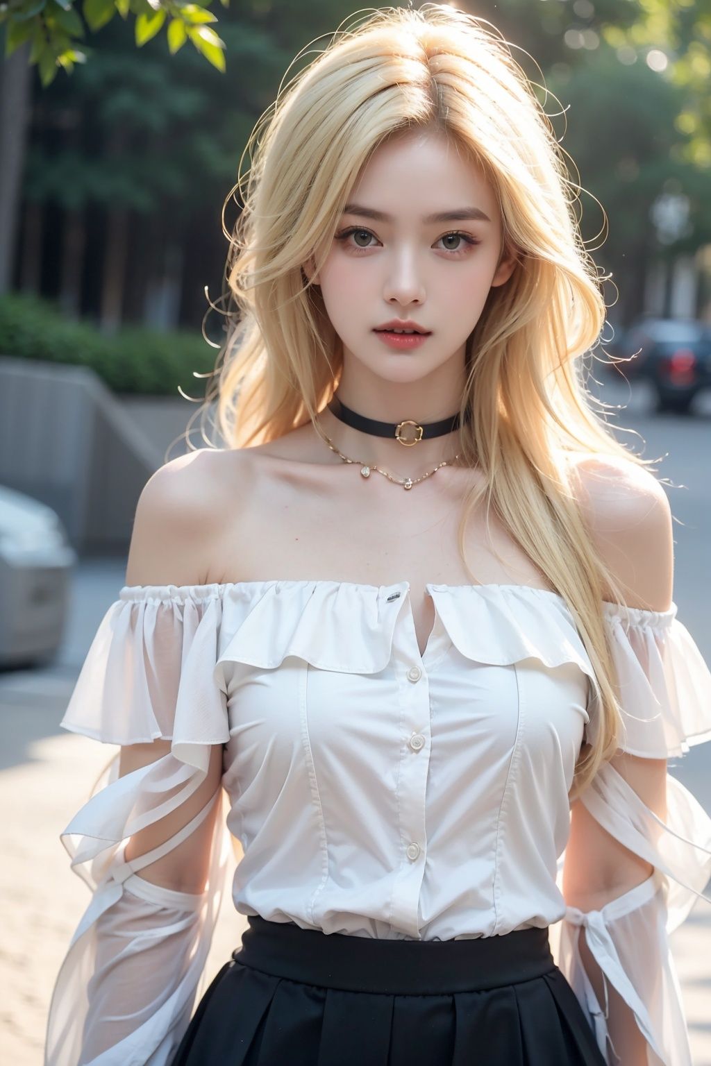  1girl, off-shoulder white shirt, black tight skirt, black choker, (at beach),looking at viewer, RAW photo, (photorealistic:1.37, realistic), highly detailed CG unified 8K wallpapers,(thick body:1.1),(((straight from front))), (HQ skin:1.8, shiny skin), 8k uhd, dslr, soft lighting, high quality, film grain, Fujifilm XT3, ((upper body:1.6)), (professional lighting:1.6),blonde hair