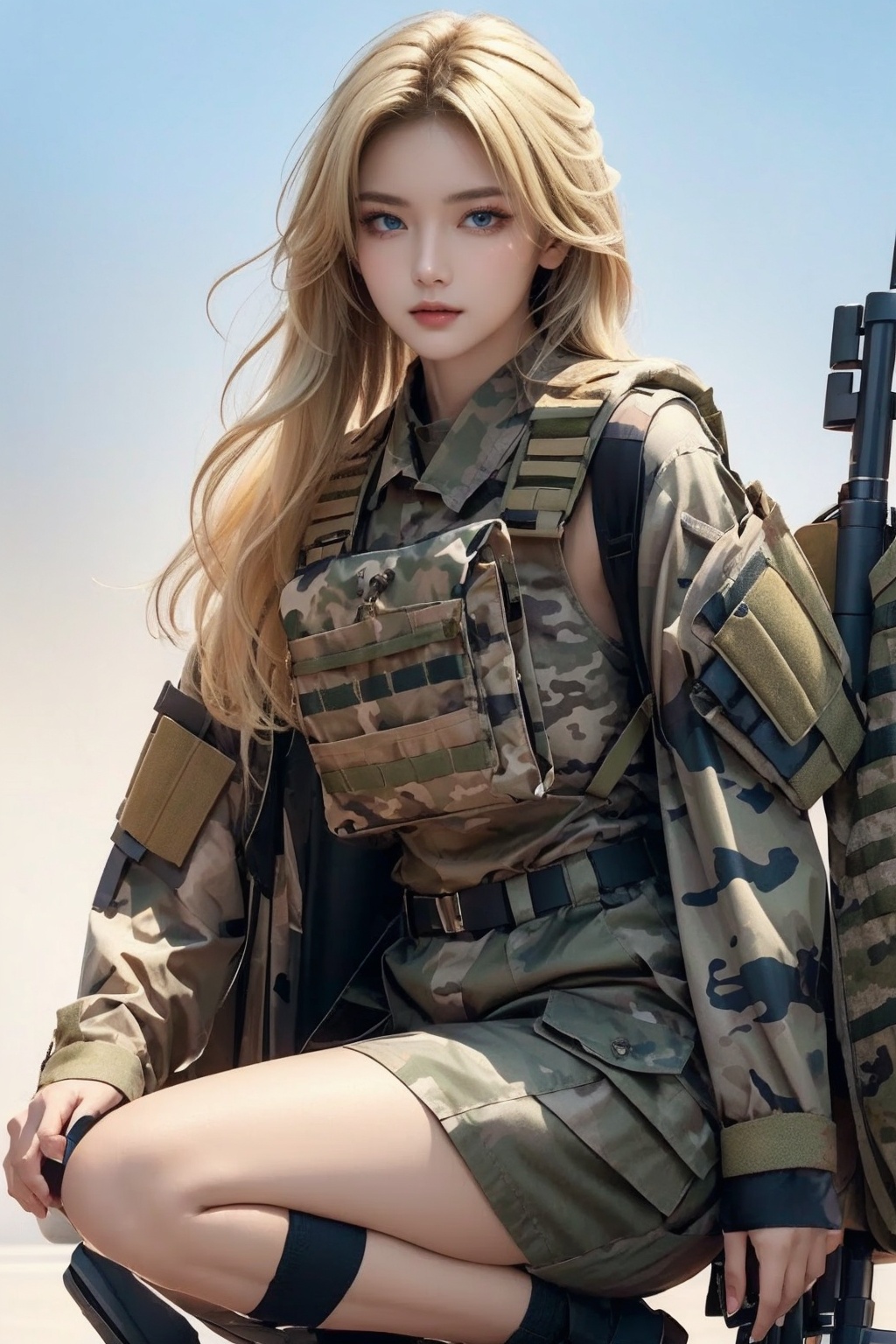  (masterpiece:1.3),(the best quality:1.2),(super fine illustrations:1.2),(Masterpiece),high quality,high detail,(white background:1.2),looking at viewer,(SOLO:1.4),outline,simplebackground,, soldier girl, (((wearing winter camo military fatigues, camo plate carrier rig,))) combat gloves, (magazin pouches), (kneepads), highly-detailed, perfect face, blue eyes, small waist, tall, make up, tacticool,,fu hua, fu hua, 1girl, blonde hair