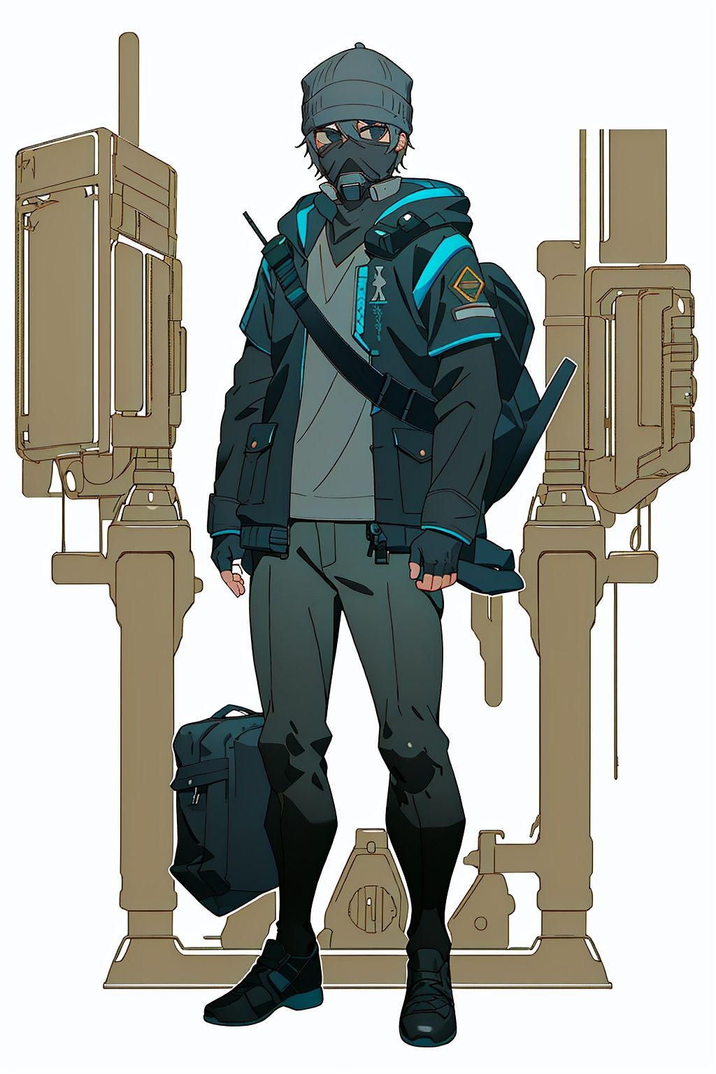  (masterpiece:1.3), (the best quality:1.2), (super fine illustrations:1.2), (Masterpiece), high quality, high detail, ((white background:1.2)), looking at viewer, (SOLO:1.4), outline, , simple background,logo, military uniform, military, uniform, sneakers,arm wrap, long sleeves, backpack, police uniform, armor, official alternate costume, black pants, black jacket,black coat, pants, black gloves, arm wrap, gloves, fingerless gloves, jacket, hooded jacket,bandages, hat, bag