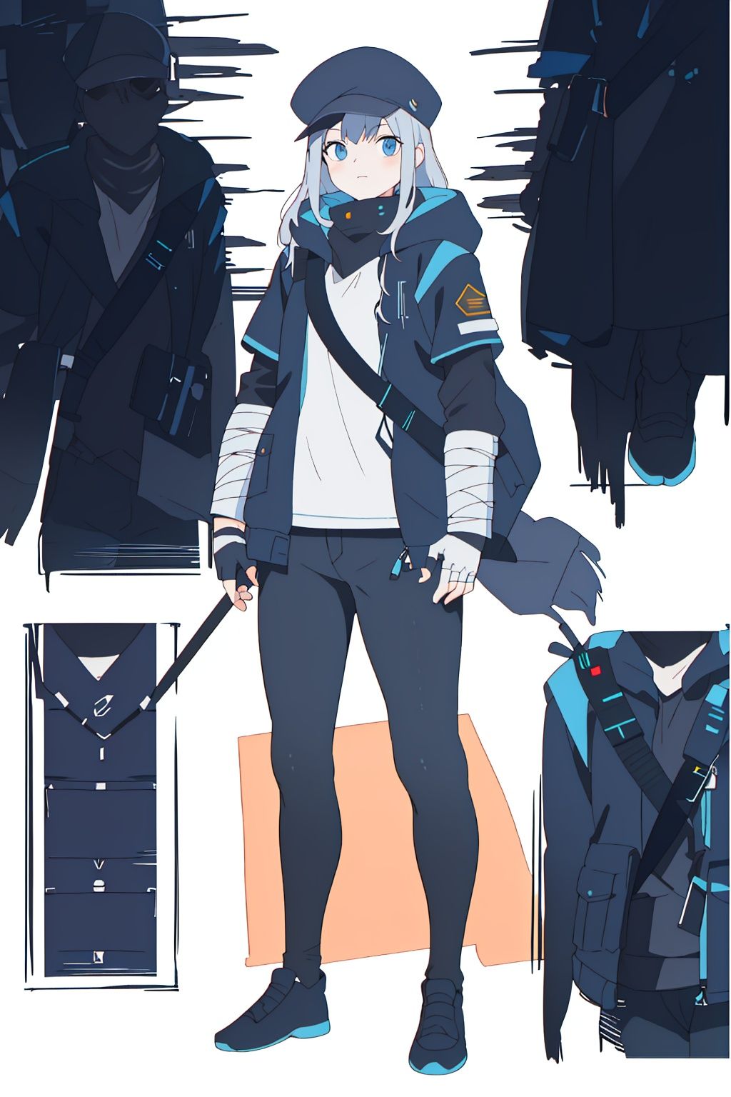  (masterpiece:1.3), (the best quality:1.2), (super fine illustrations:1.2), (Masterpiece), high quality, high detail, ((white background:1.2)), looking at viewer, (SOLO:1.4), outline, , simple background,logo, military uniform, military, uniform, sneakers,arm wrap, long sleeves, backpack, police uniform, armor, official alternate costume, black pants, black jacket,black coat, pants, black gloves, arm wrap, gloves, fingerless gloves, jacket, hooded jacket,bandages, hat, bag