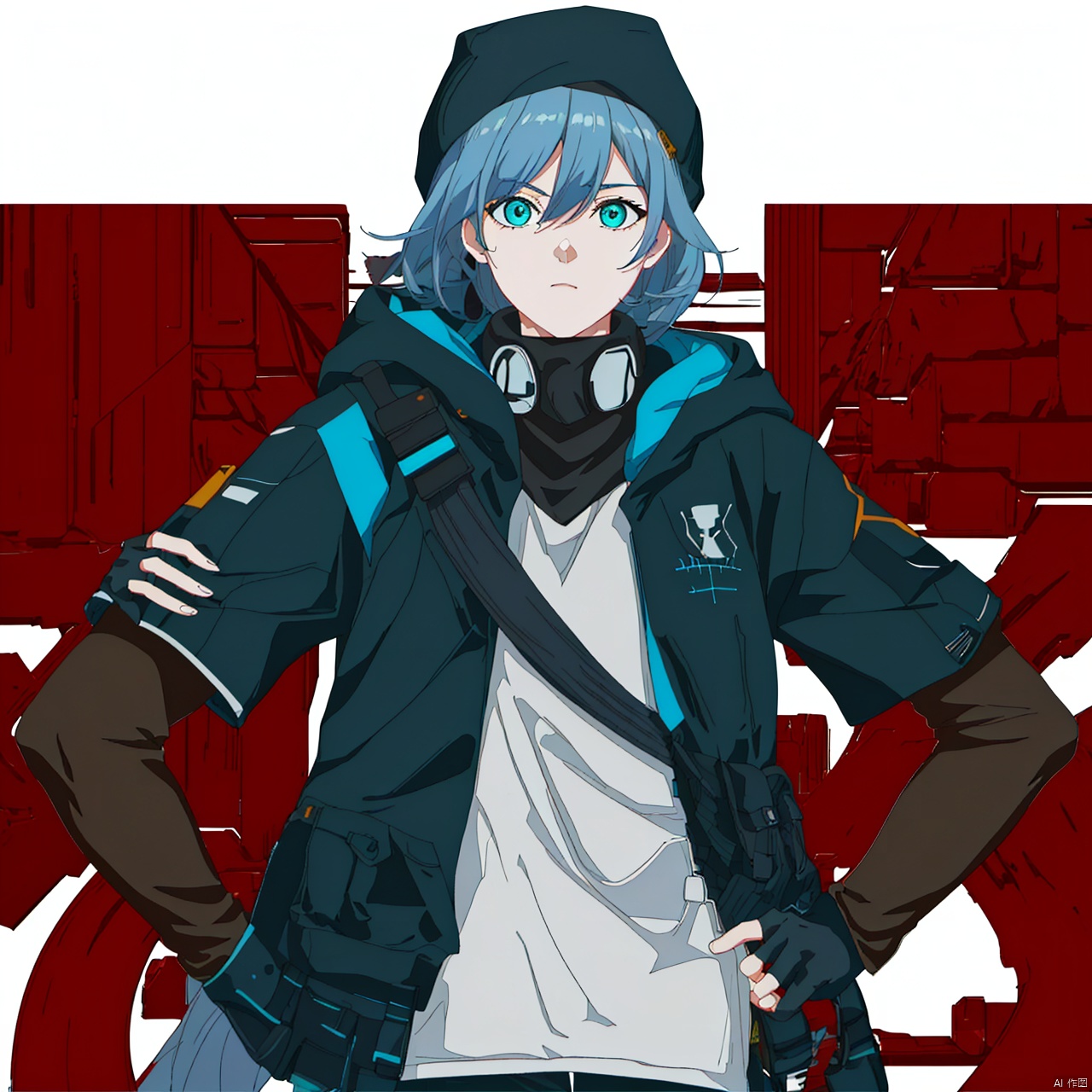  (masterpiece:1.3), (the best quality:1.2), (super fine illustrations:1.2), (Masterpiece), high quality, high detail, ((white background:1.2)), looking at viewer, (SOLO:1.4), outline, , simple background, logo, military uniform, military, uniform, sneakers, arm wrap, long sleeves, backpack, police uniform, armor, official alternate costume, black pants, black jacket, black coat, pants, black gloves, arm wrap, gloves, fingerless gloves, jacket, hooded jacket, bandages, hat, bag, fu hua