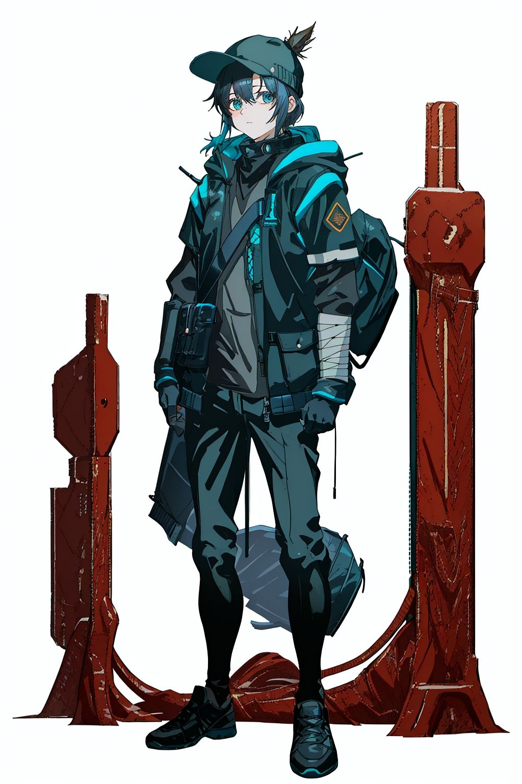  (masterpiece:1.3), (the best quality:1.2), (super fine illustrations:1.2), (Masterpiece), high quality, high detail, ((white background:1.2)), looking at viewer, (SOLO:1.4), outline, , simple background,logo, military uniform, military, uniform, sneakers,arm wrap, long sleeves, backpack, police uniform, armor, official alternate costume, black pants, black jacket,black coat, pants, black gloves, arm wrap, gloves, fingerless gloves, jacket, hooded jacket,bandages, hat, bag