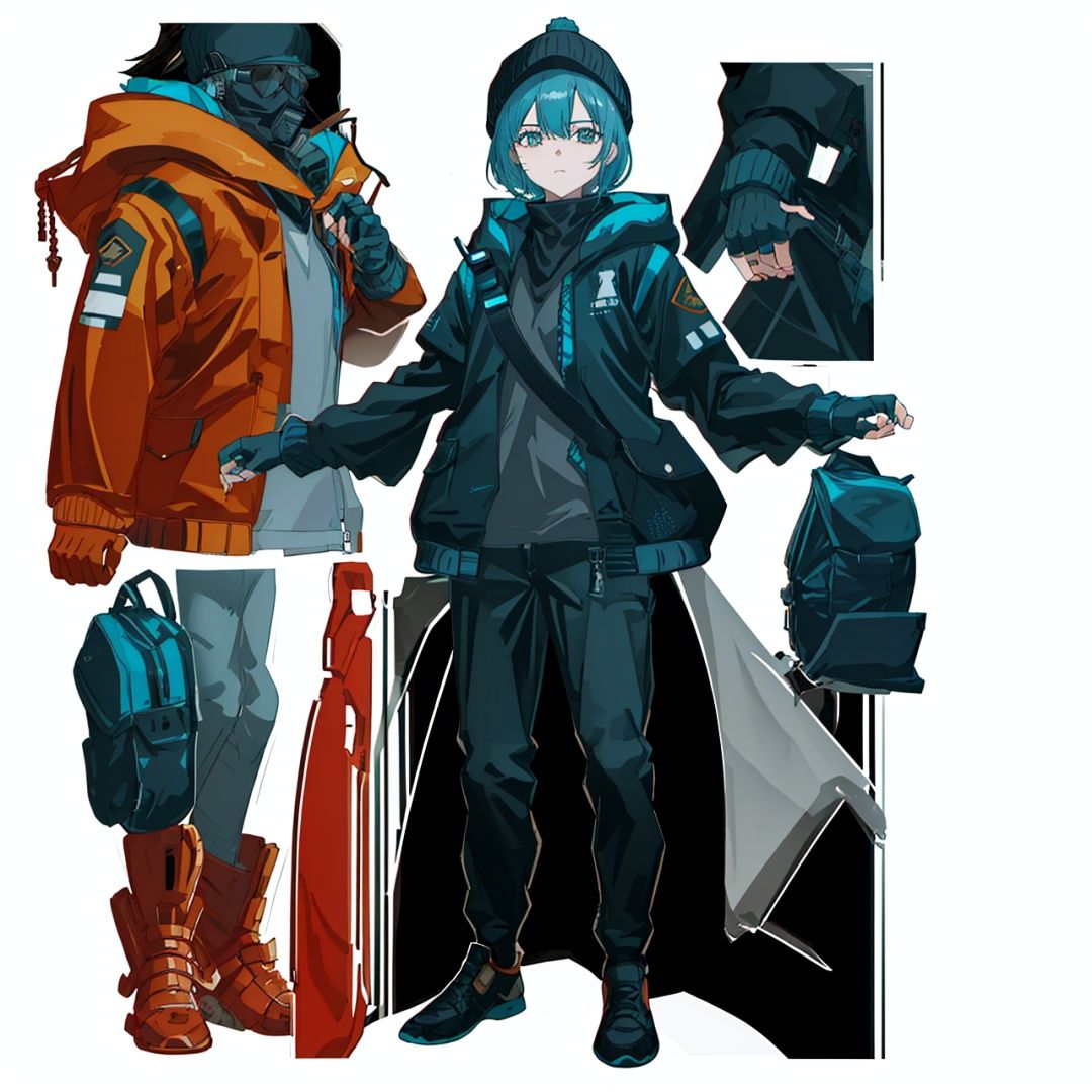 (masterpiece:1.3), (the best quality:1.2), (super fine illustrations:1.2), (Masterpiece), high quality, high detail, ((white background:1.2)), looking at viewer, (SOLO:1.4), outline, , simple background, logo, military uniform, military, uniform, sneakers, arm wrap, long sleeves, backpack, police uniform, armor, official alternate costume, black pants, black jacket, black coat, pants, black gloves, arm wrap, gloves, fingerless gloves, jacket, hooded jacket, bandages, hat, bag