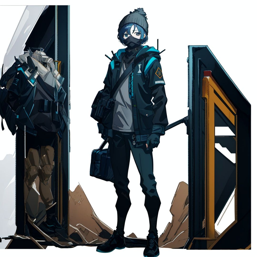 (masterpiece:1.3), (the best quality:1.2), (super fine illustrations:1.2), (Masterpiece), high quality, high detail, ((white background:1.2)), looking at viewer, (SOLO:1.4), outline, , simple background, logo, military uniform, military, uniform, sneakers, arm wrap, long sleeves, backpack, police uniform, armor, official alternate costume, black pants, black jacket, black coat, pants, black gloves, arm wrap, gloves, fingerless gloves, jacket, hooded jacket, bandages, hat, bag
