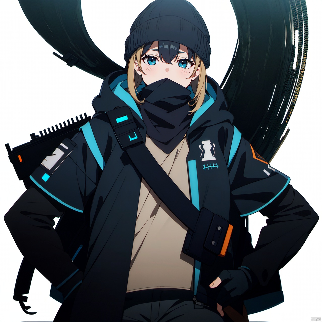 (masterpiece:1.3),(the best quality:1.2),(super fine illustrations:1.2),(Masterpiece),high quality,high detail,(white background:1.2),looking at viewer,(SOLO:1.4),outline,simple background,fullbody,logo, military uniform, military, uniform, sneakers,arm wrap, long sleeves, backpack, police uniform, armor, official alternate costume, black pants, black jacket,black coat, pants, black gloves, arm wrap, gloves, fingerless gloves, jacket, hooded jacket,bandages, hat, bag