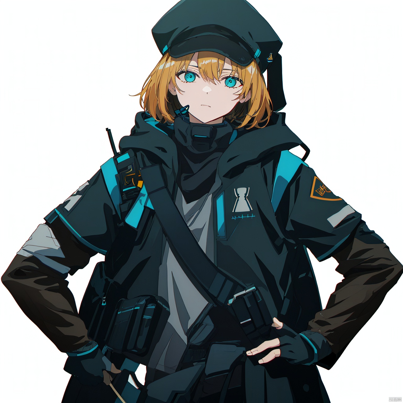  (masterpiece:1.3), (the best quality:1.2), (super fine illustrations:1.2), (Masterpiece), high quality, high detail, ((white background:1.2)), looking at viewer, (SOLO:1.4), outline, , simple background, logo, military uniform, military, uniform, sneakers, arm wrap, long sleeves, backpack, police uniform, armor, official alternate costume, black pants, black jacket, black coat, pants, black gloves, arm wrap, gloves, fingerless gloves, jacket, hooded jacket, bandages, hat, bag
