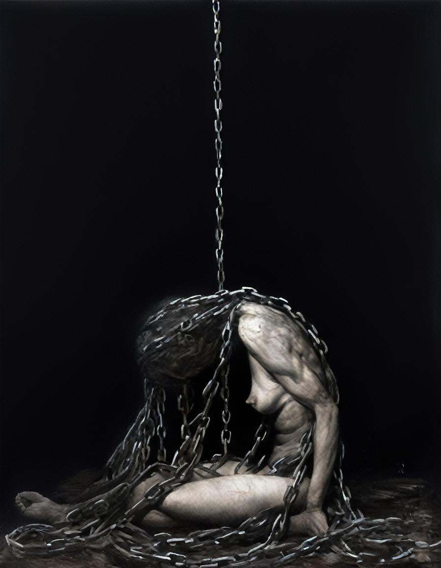 painting of a nude woman praying in a decrepit church,  chained to the ground by large steel chains tightly tangling aroun...