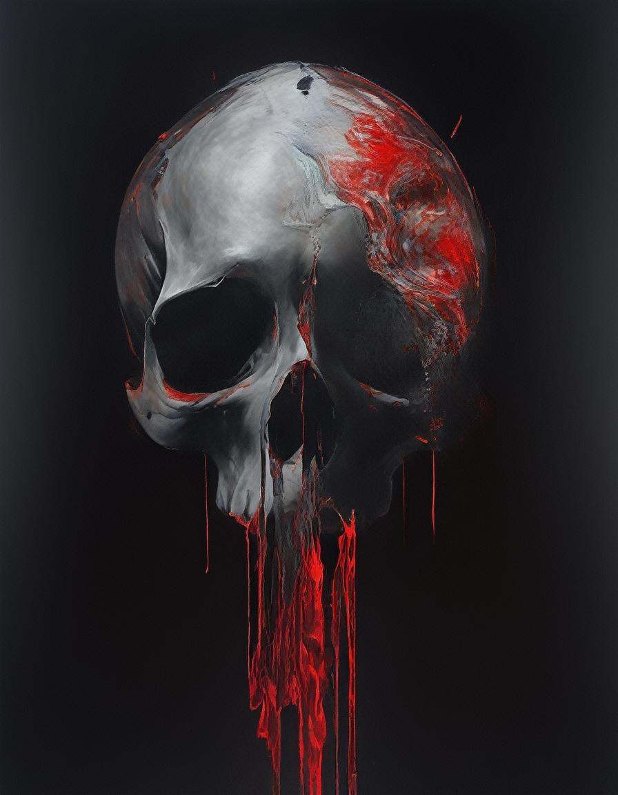 painting of a giant skull with a woman's fleshy mouth bright red bloody lips,  dripping lipstick ,  surreal dark black bac...