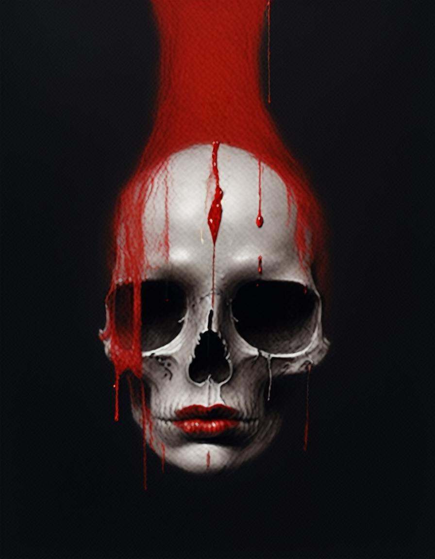 painting of a giant skull with a woman's fleshy mouth bright red bloody lips,  dripping lipstick plump lips ,  of parallax...
