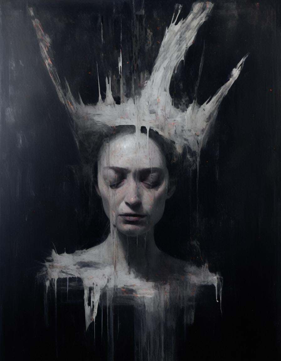 painting of a queen in agony,  pale white skin dripping off into space ,  in a decrepit throne room on Tensor.Art