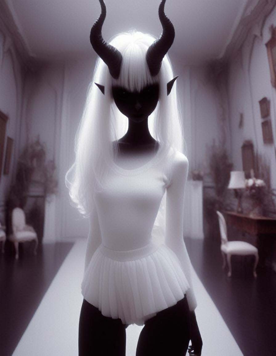 walking through a decadent mansion ,  a very pale white skin demon girl with black horns, on Tensor.Art