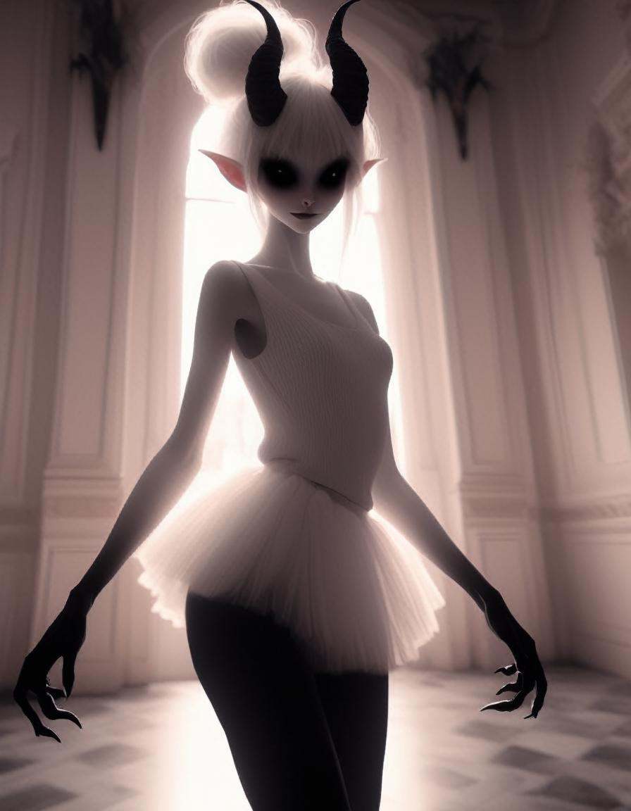 walking through a decadent mansion ,  a very pale white skin demon girl with black horns, on Tensor.Art