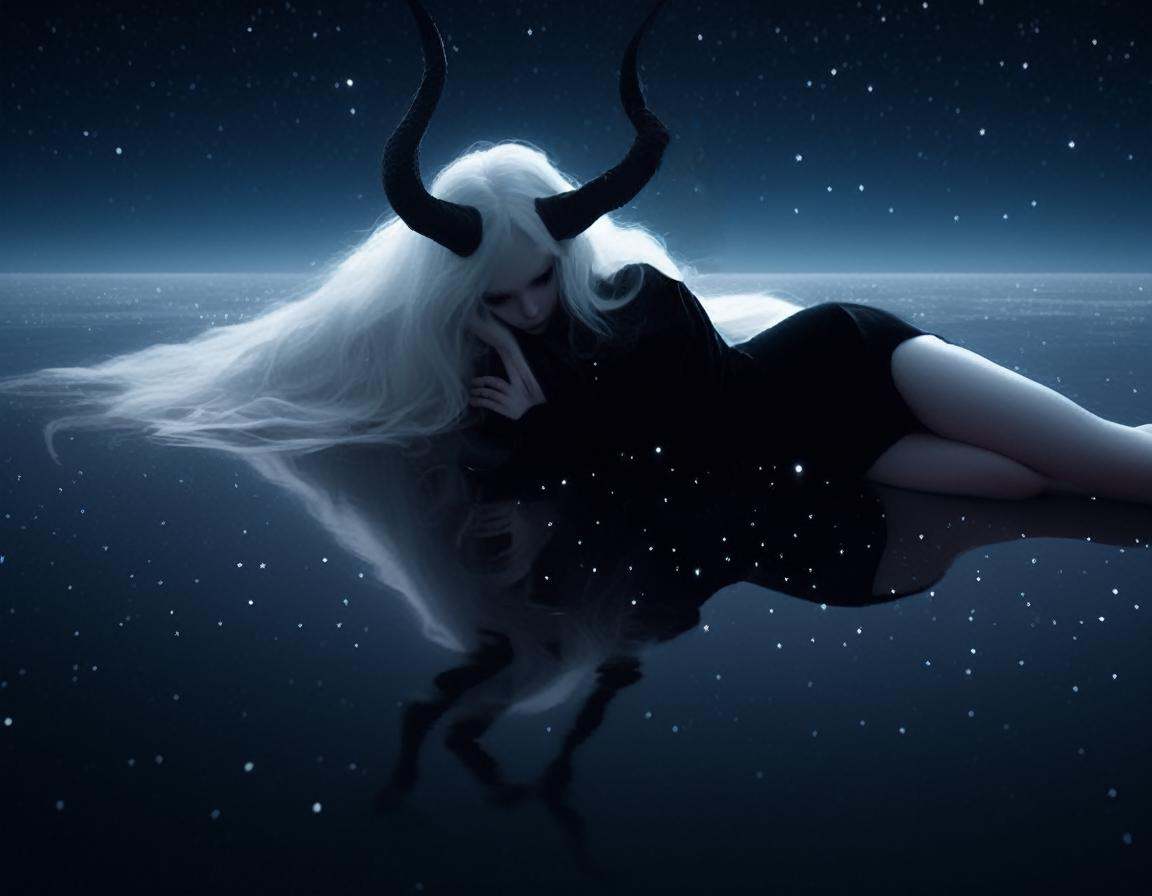 laying down near a river at night ,  pale skin demon woman,  with evil seductive vibe on Tensor.Art