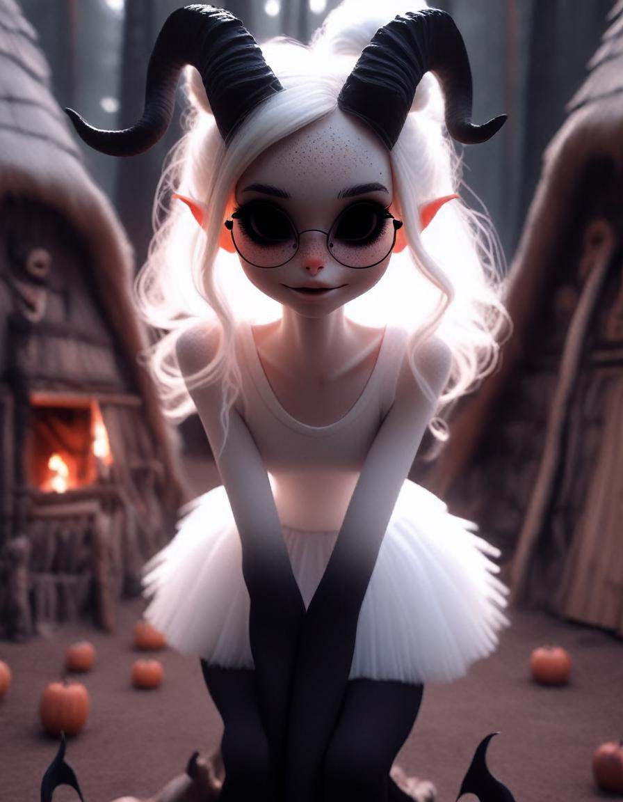 relaxing in a witches hut,  a very pale white skin demon girl with black horns, on Tensor.Art
