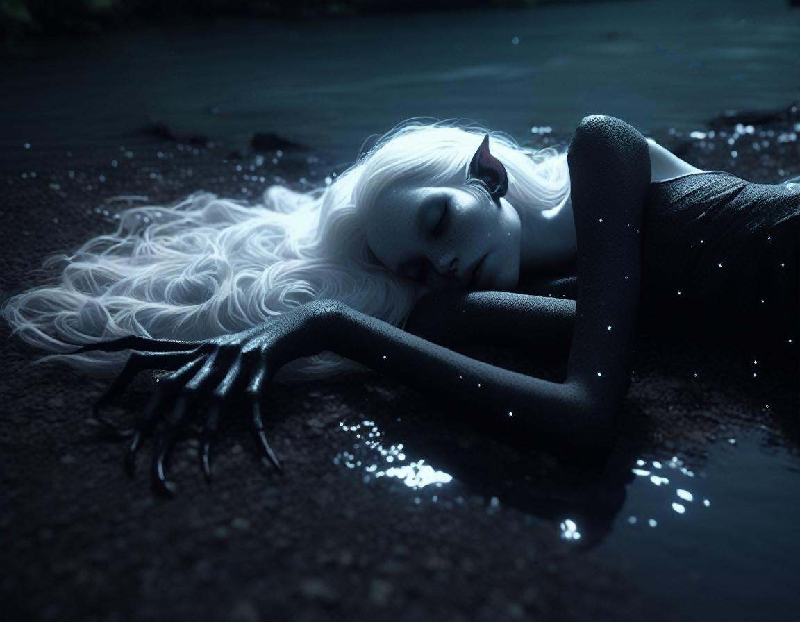laying down by river at night ,  pale skin demon woman,  with evil seductive vibe on Tensor.Art