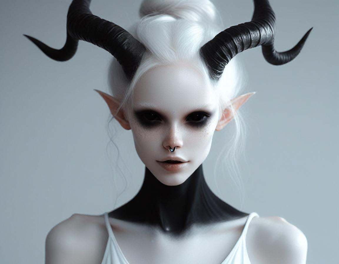of very pale white skin demon girl with black horns,  ,  white background on Tensor.Art