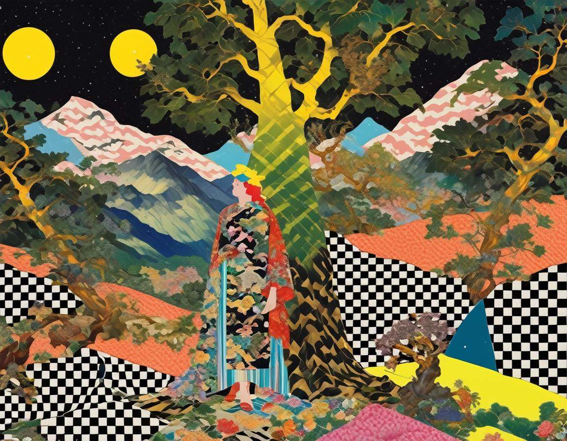 collage patterns vibrant colors,  galatea cowering in fear hiding in the shade of a tree by a mountain as a giant ogre wit...