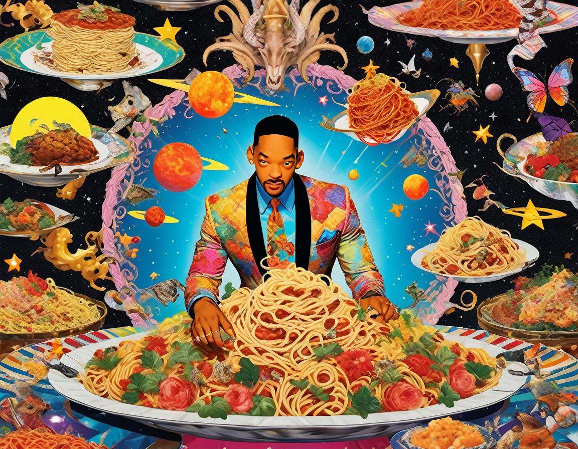 collage patterns vibrant colors,  a will smith in agony eating an endless plate of spaghetti alone in his mansion ,  spira...