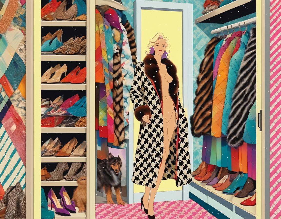 collage patterns vibrant colors,  a mature woman nude wearing only a large fur coat looking at her walk in closet full of...