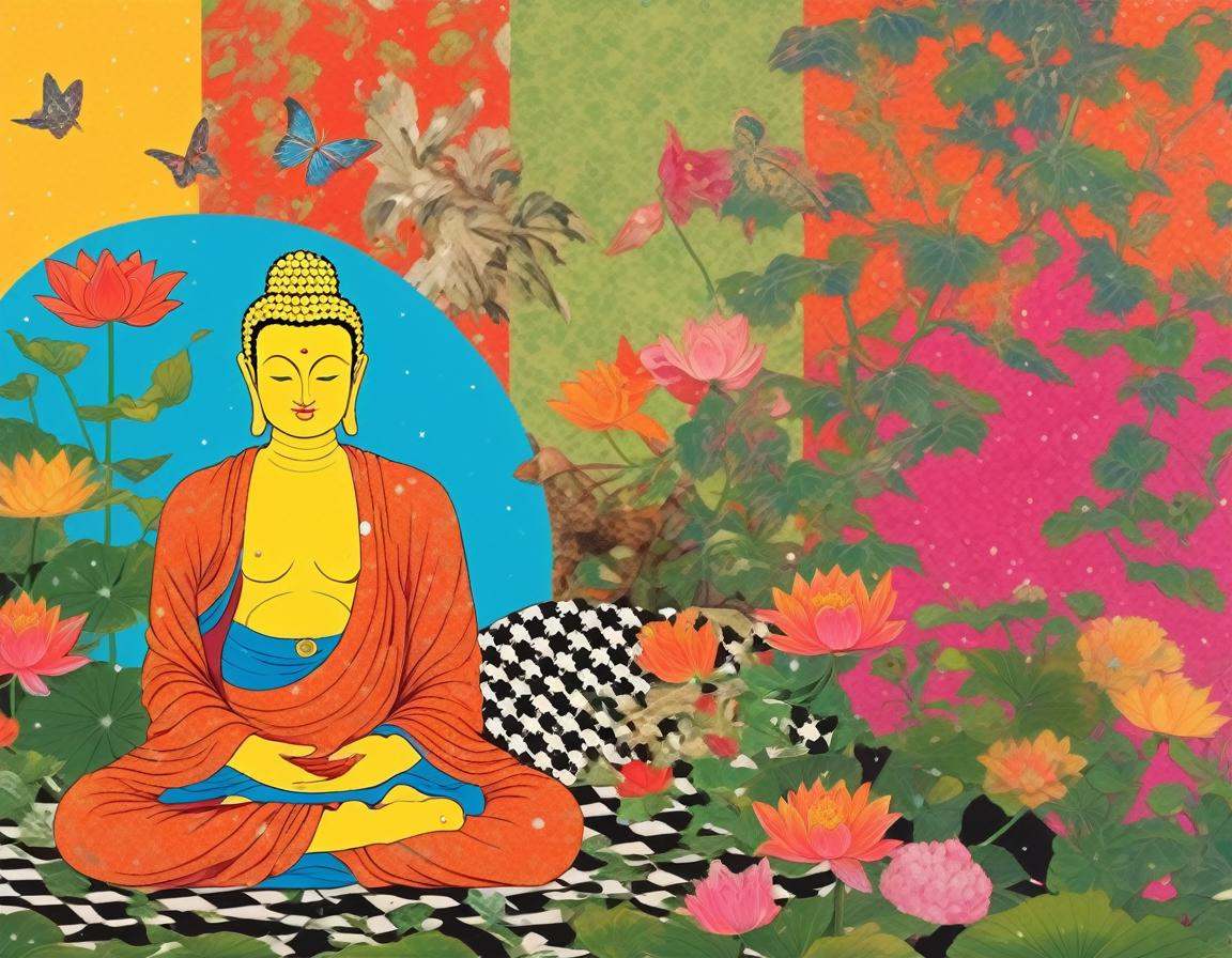 collage patterns vibrant colors,  buddha lounging in a small garden holding a lotus flower,  fleur de lis on Tensor.Art