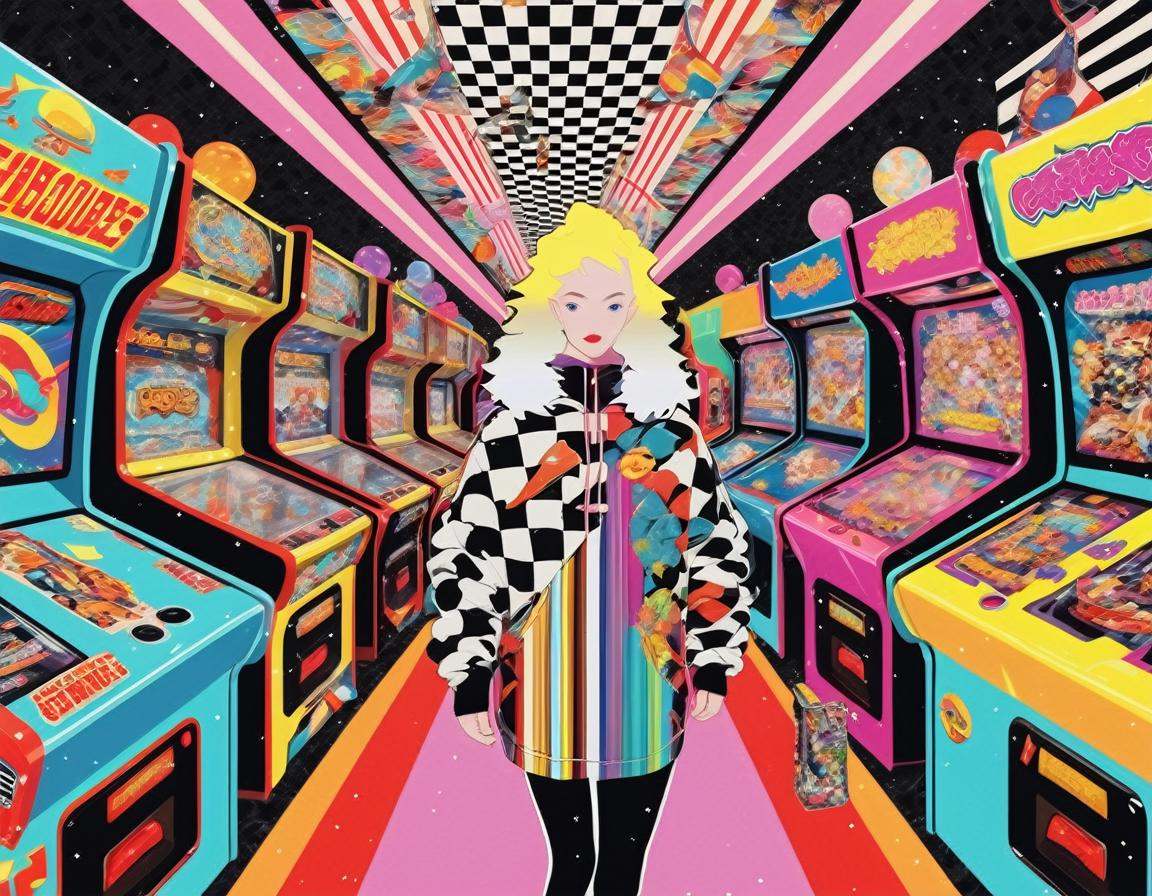 collage patterns vibrant colors,  an albino woman in oversized hoodie and leggings walking through an old arcade in tokyo,...