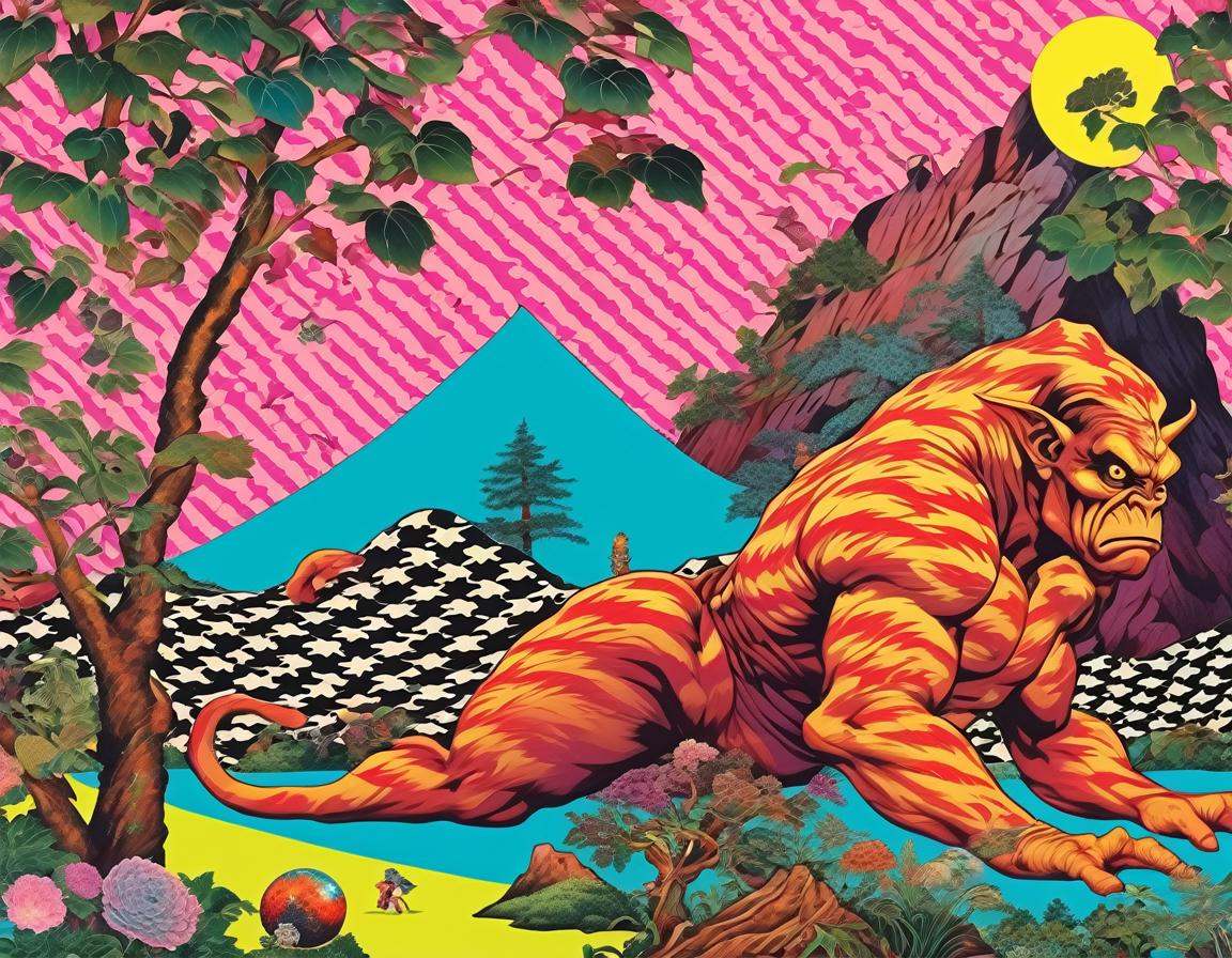 collage patterns vibrant colors,  galatea laying low hiding in the shade of a tree by a mountain as a giant ogre cyclops m...