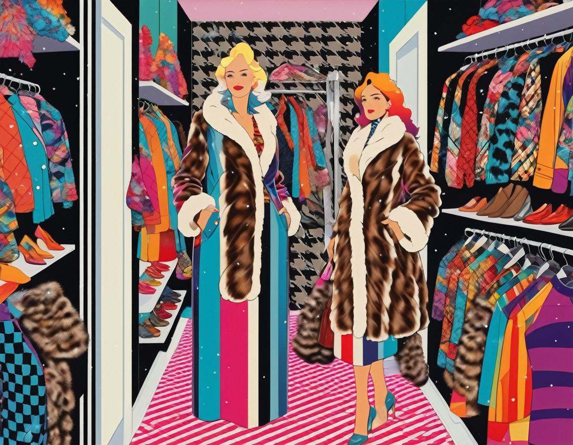 collage patterns vibrant colors,  a mature woman nude wearing only a large fur coat looking at her walk in closet full of...