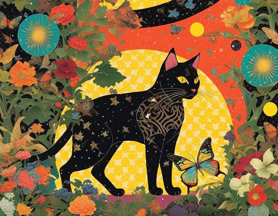 collage patterns vibrant colors,  a black cat navigating through a haunted forest ,  fleur de lis on Tensor.Art