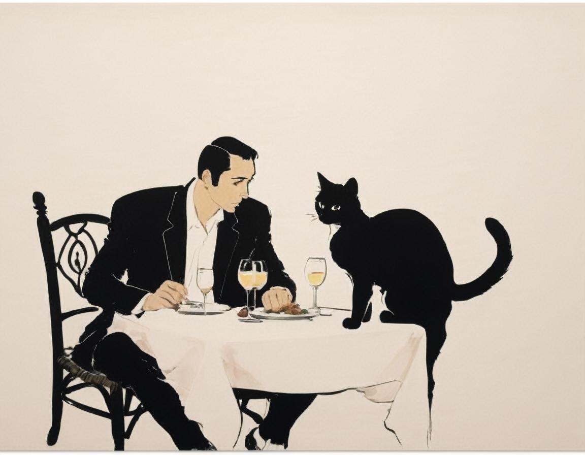 japanese line painting of a cat walking under a table ,  woman and man couple dining outside a french restaurant , on Tens...