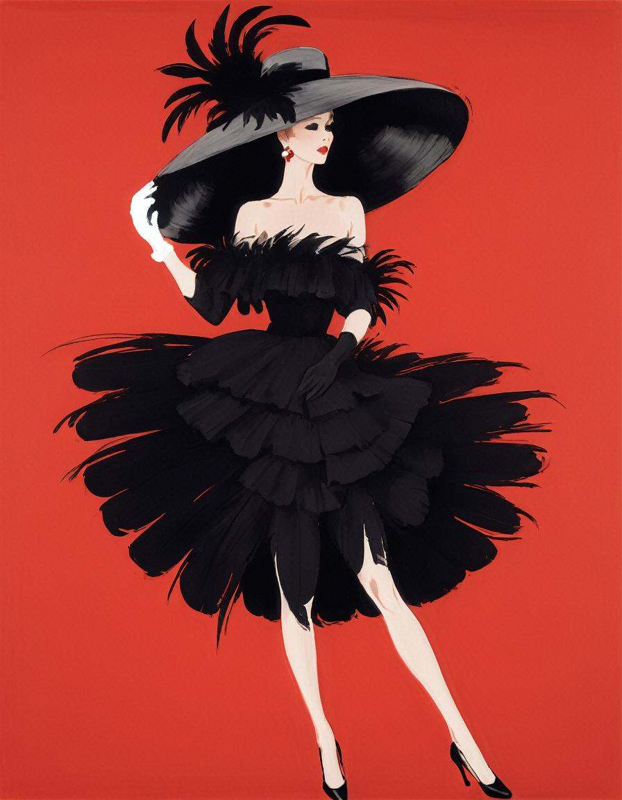 japanese line painting ,  a woman in a puffy black skirt,  feathers and ruffles on Tensor.Art