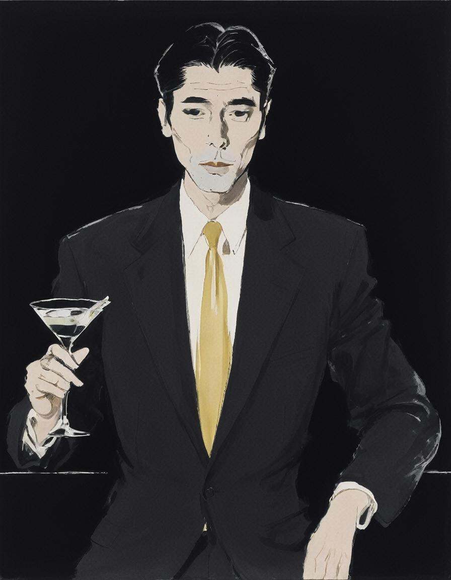 japanese line painting of a man in a suit smoking a cigarette,  with a martini glass on table ,  with black background on...