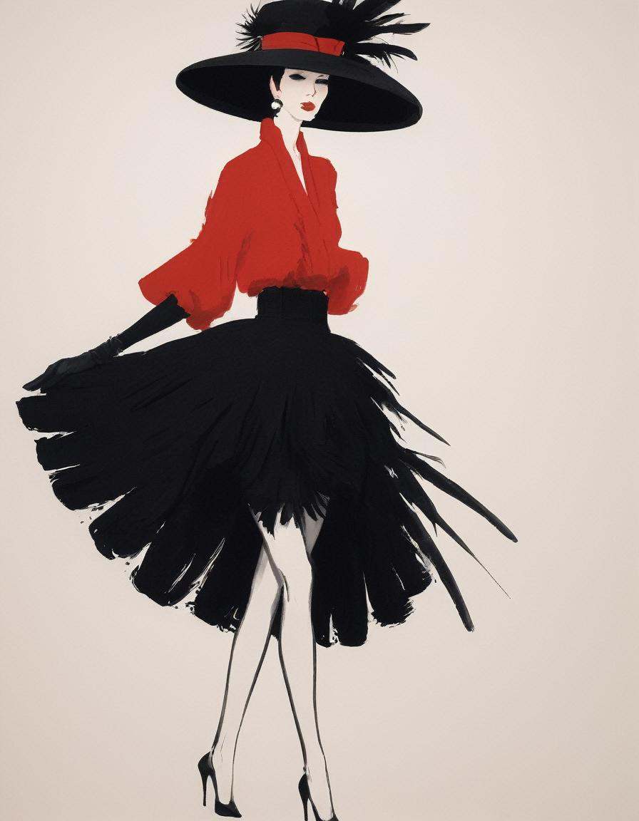 japanese line painting ,  a woman in a puffy black skirt,  feathers and ruffles on Tensor.Art