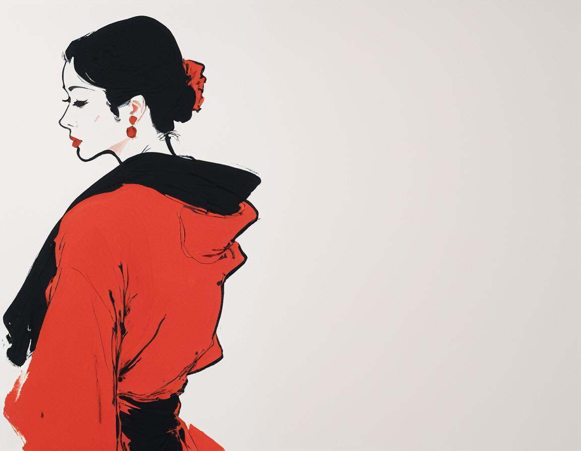 japanese line painting of a ,  woman in flowing red dress and long black scarf ,  draped in char exhausted on Tensor.Art