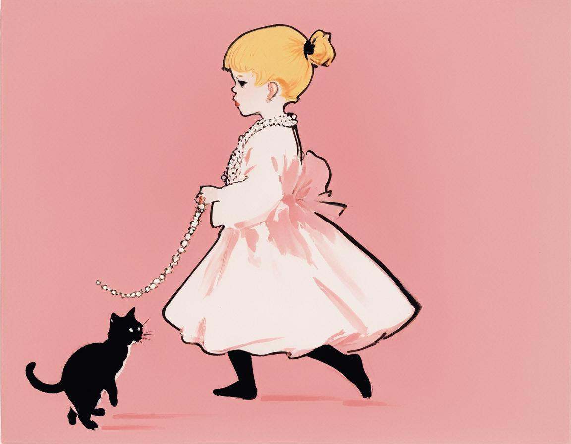 japanese line painting of a ,  little blond girl in a puffy dress with a pearl necklace in its mouth, on Tensor.Art