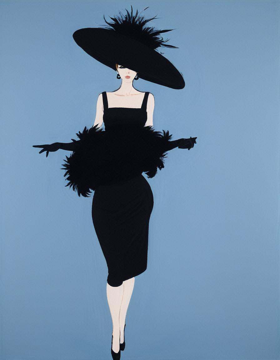 japanese line painting ,  a woman in a puffy black skirt,  feathers and ruffles on Tensor.Art