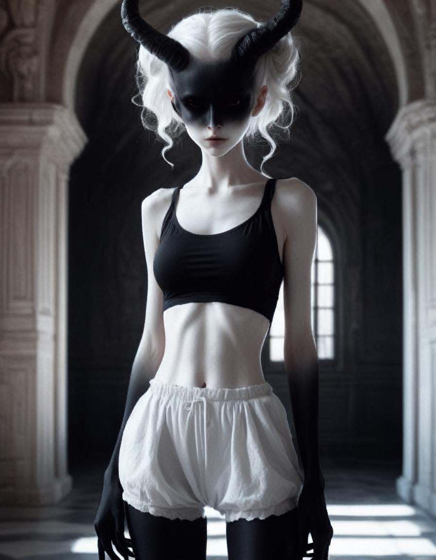 a very pale white skin demon girl with black horns,  (pitch black eyes,  painted black blindfold1.1) on Tensor.Art