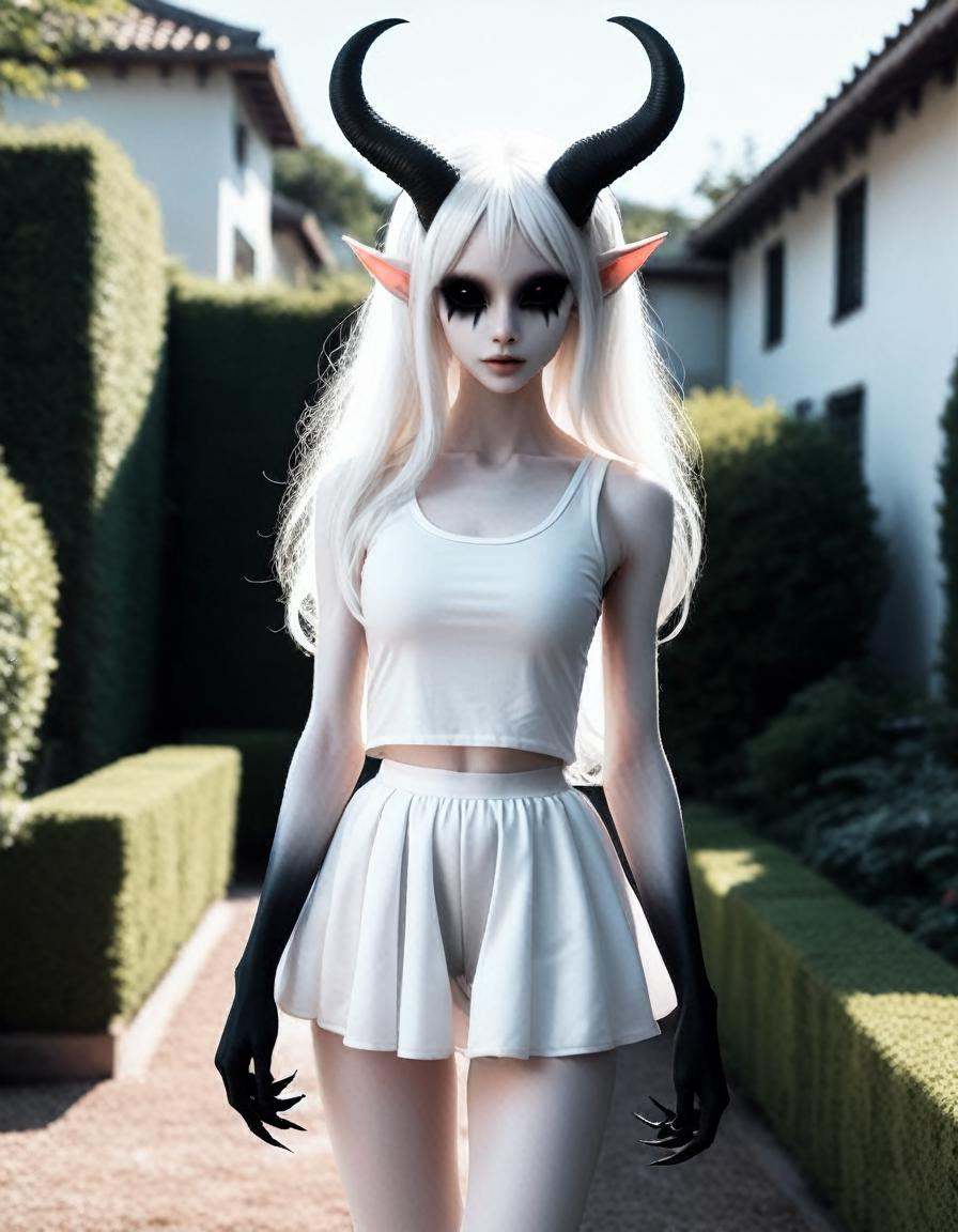 walking through a garden ,  a very pale white skin demon girl with black horns, on Tensor.Art