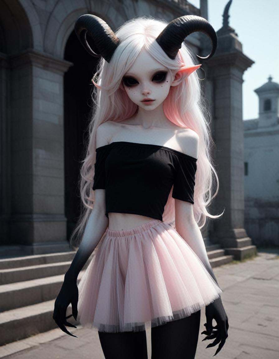graveyard ,  a very pale white skin demon girl with black horns, on Tensor.Art